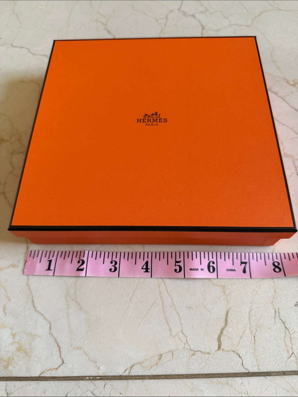 Hermes Orange Square Accessory Box 7.6 x 7.6 x 1.6 inches with ribbon and tissue